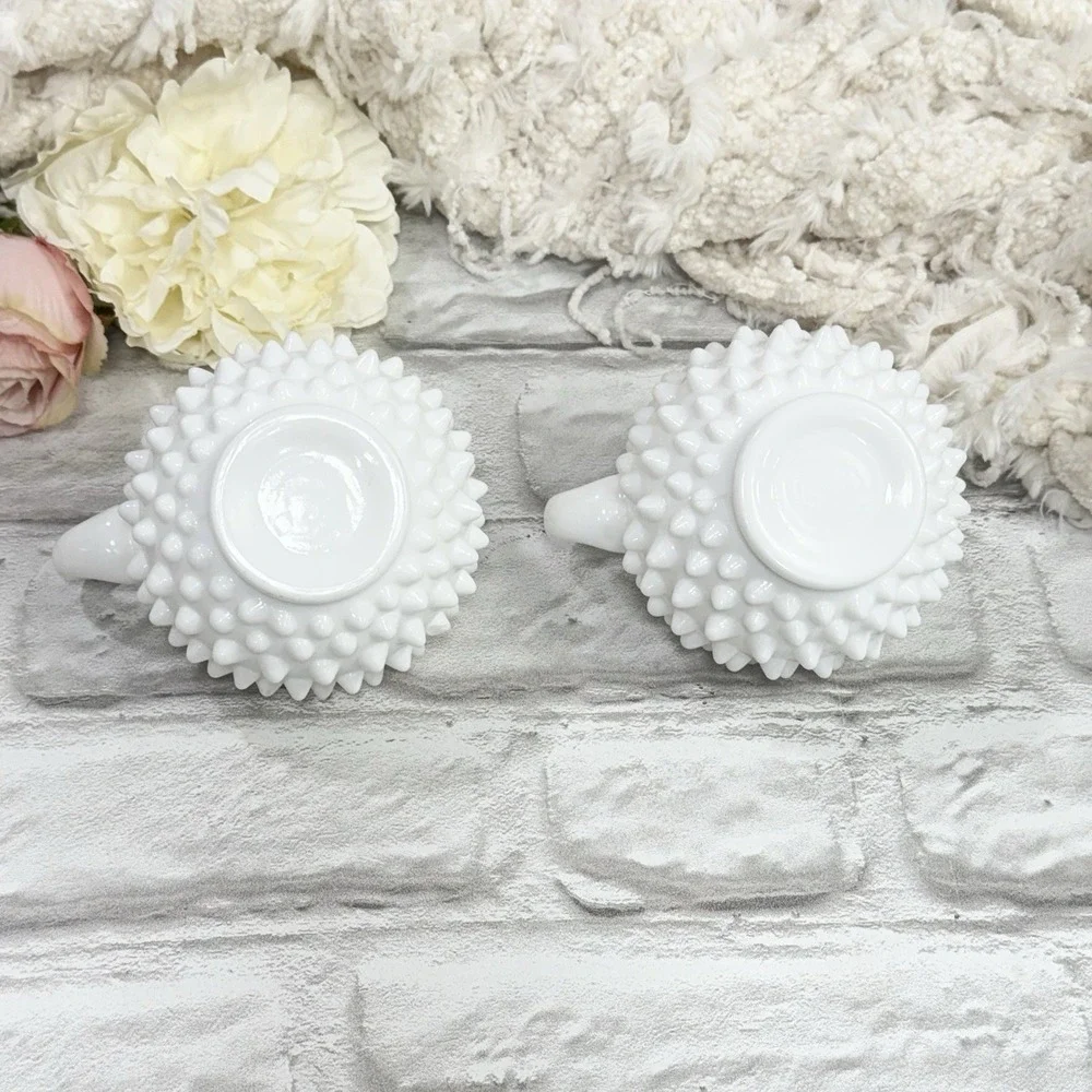 Vtg Fenton Hobnail White Milk Glass Single Finger Loop Handle Candle‎ Holder Set